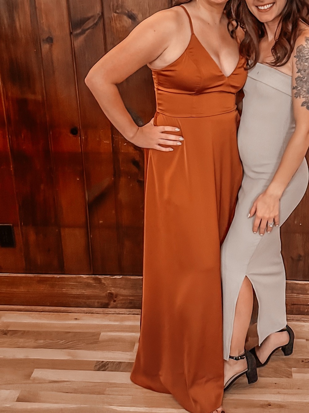 Auburn A-line V-neck stretch satin dress